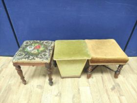 Two Victorian mahogany footstools upholstered in later velour and embroidered fabric, with another