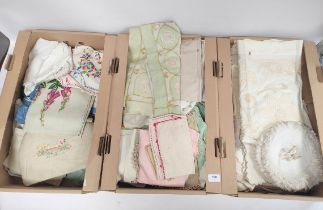 Three boxes of vintage embroidered and other table linen, mainly mid 20th century including