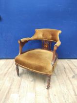 Late Victorian inlaid rosewood ladies parlour armchair of low size with bow back frame, inlaid