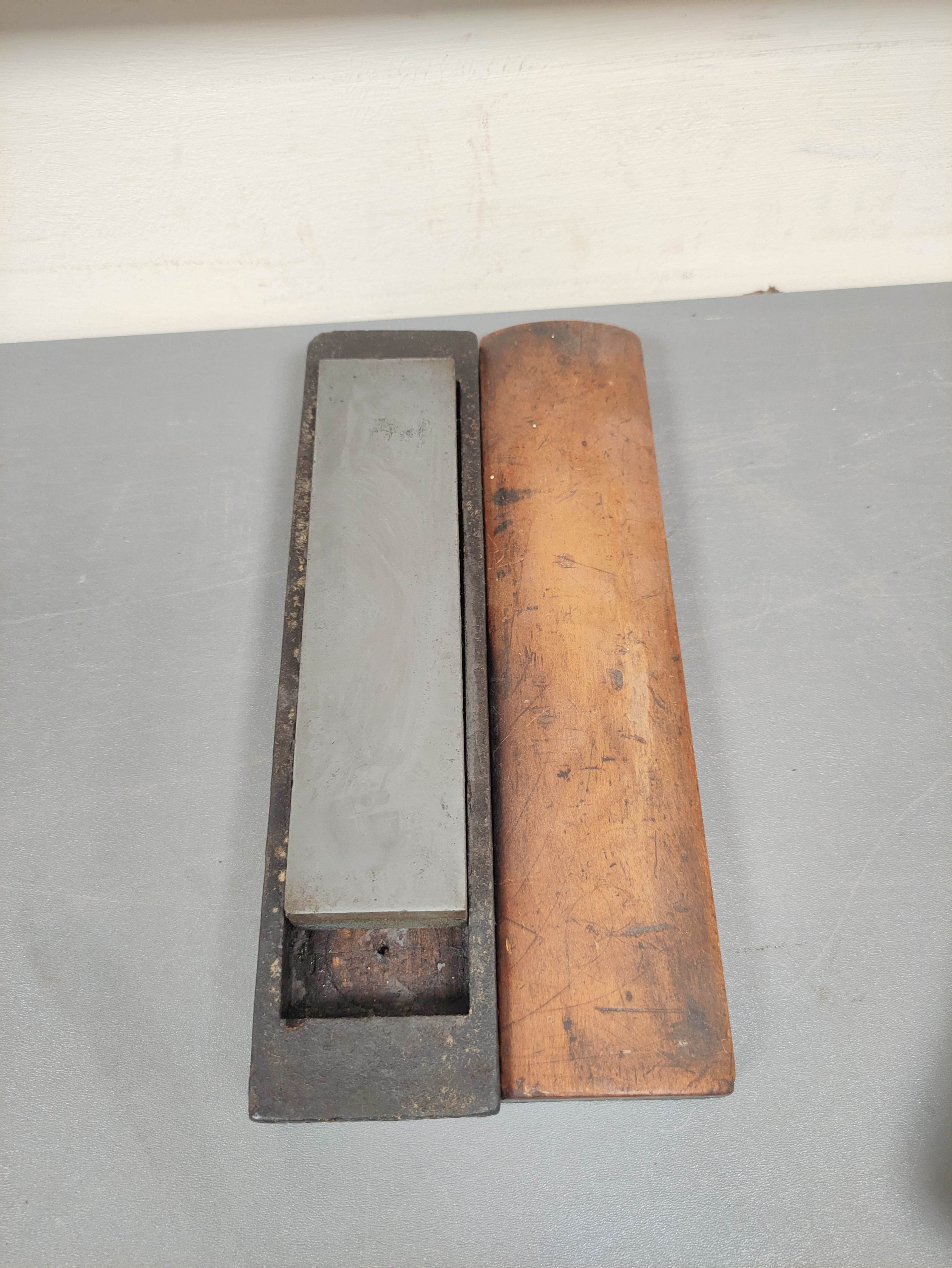 Bookbinding tools to include typeset holder, gilding spatula, doming hammer, Arkansas stone. - Image 2 of 7