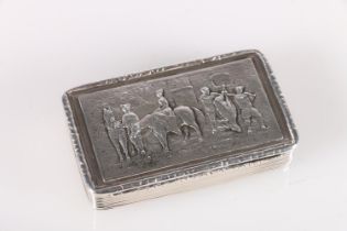 Victorian parcel gilt silver snuff box of rectangular form, the hinged cover decorated with a relief