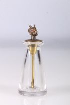 Early 20th century glass snuff bottle of conical form with spoon having devil finial with gem set