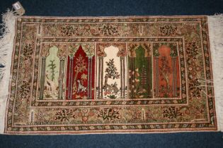 Indian Turkish Kashmir Herike silk rug, the centre with five panels depicting a view through