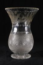 Edinburgh Crystal thistle shaped cut glass vase with etched thistle design, hobnail cut body,