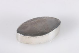 Georgian Irish antique parcel gilt silver snuff box of navette shape, the hinged top engraved with