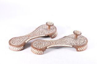 Pair of Indian bone inlaid rosewood block kahdau slippers or shoes, 25.5cm long.