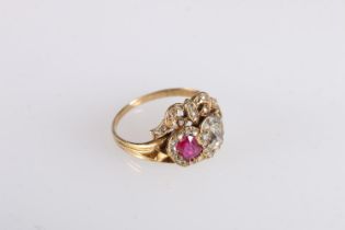 Antique ruby and diamond ring, the large diamond and ruby encircled by diamonds and surmounted by