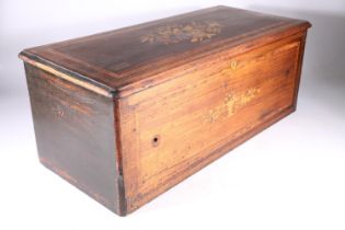 Antique musical box case with crossbanded border and inlaid bird and leaf design to the centre (
