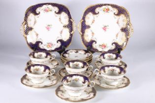 Coalport English porcelain cobalt blue gilt and hand-painted floral 6711 pattern nineteen piece