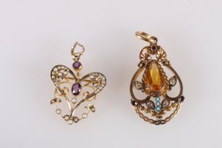 Victorian yellow metal pendant set with large, faceted teardrop shaped citrine, turquoise and
