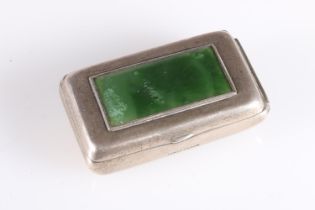 New Zealand white metal hinged topped vesta case box, the lid inset with rectangular green Pounamu