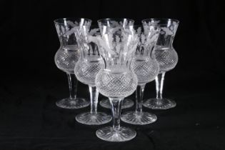 Set of six Edinburgh Crystal thistle pattern tall wine glasses having thistle shaped bowls with