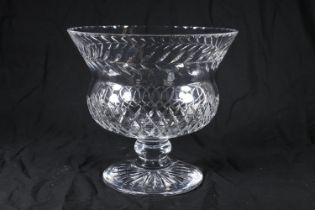 Large lead crystal cut glass centrepiece vase of thistle form with cut decoration, raised on bulbous