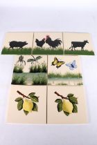 Seven Griselda Hill Wemyss pottery tiles including dragonflies, cockerels, pig, cow, lemons and