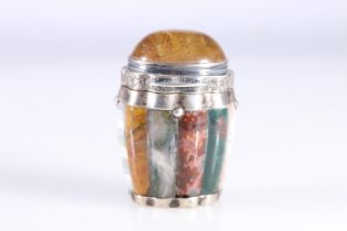 Scottish silver mounted barrel shaped vinaigrette, the body with alternate 'staves' of agates