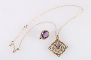 Late Victorian or Edwardian 9ct gold pendant set with central faceted amethyst and seed pearls, on a