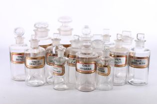Collection of fifteen clear glass apothecary or chemists jars with enamelled labels including