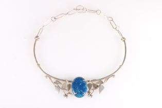 Contemporary silver leaf design necklace with large cabochon lapis lazuli stone, unmarked,