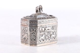 Indian silver tea caddy decorated with animals including elephant, rabbit, tiger, lion, dog etc in a