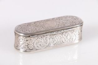 Victorian antique parcel gilt silver snuff box of stadium shape, the engraved top decorated with