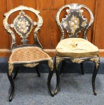 Two Victorian black lacquered, gilt and abalone inlaid occasional or bedroom chairs. (2)