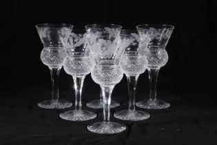 Set of six Edinburgh Crystal thistle pattern white wine glasses having thistle shaped bowls with