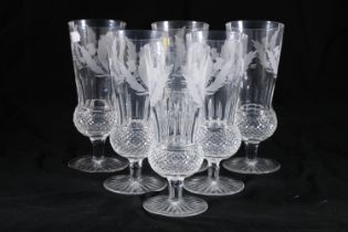 Set of six Edinburgh Crystal thistle pattern stem glasses having thistle shaped bowls with etched
