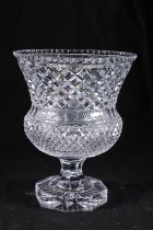 Large lead crystal cut glass centrepiece vase of thistle form with cut and fluted decoration, raised