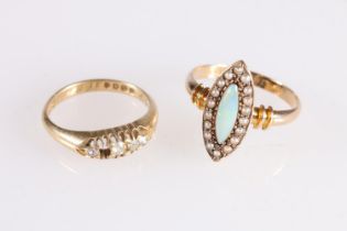 15ct gold ring set with navette shaped opal encircled by seed pearls, makers mark 'H&S', size P/Q,