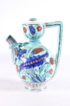 Italian Cantagalli ewer pot decorated in the Iznik palate with hand-painted floral design, painted