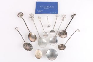 Four contemporary silver spoons by Rita Ferguson, 45g and other spoons unmarked, 84g. Rita
