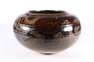 Large studio pottery tenmoku glazed pot, unsigned, 26cm diameter.