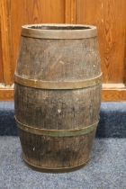 Antique coopered oak oval section cask stick stand with copper rungs, 59cm tall.