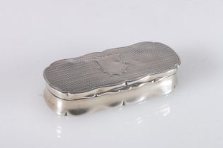 Victorian antique silver snuff box of stadium shape with serpentine border, all over engine turned