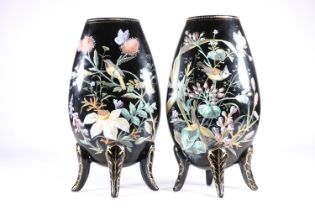 Pair of Bohemian black glass vases in the manner of Harrach, having enamel design of birds and