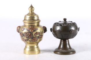 Chinese or Japanese miniature bronze vase of baluster shape decorated with applied bird and leaf