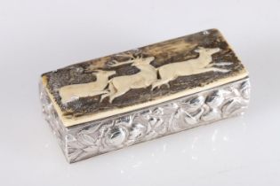 Continental silver hunting snuff box of rectangular shape, the carved horn cover decorated with stag