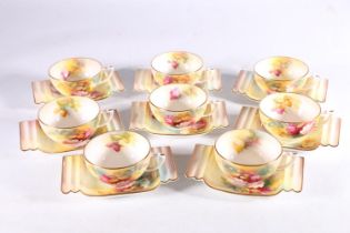 Art Deco Royal Worcester porcelain teacups and saucers decorated with hand painted 'Hadley Rose'