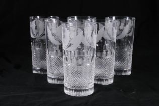 Set of six Edinburgh Crystal highball tall tumbler glasses with etched thistle pattern, having