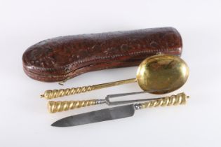 Antique German gold plated travelling cutlery set comprising spoon, fork and knife, the knife