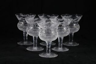 Set of six Edinburgh Crystal thistle pattern glasses having thistle shaped bowls with etched thistle