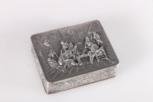 Dutch 833 grade silver table snuff box, the rectangular top with repoussé relief scene depicting a