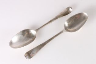 Pair of Georgian tablespoons of oar pattern, makers marks rubbed, possibly JB, London, no date