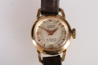 18ct gold cased Lusina ladies wristwatch with leather straps, 15g gross.