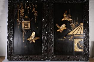 Pair of Japanese Shibayama marquetry panels depicting birds in a nest and another of birds in
