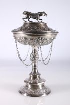 Victorian silver prize cup and cover, the lid with horse finial, raised on stem with four masks,
