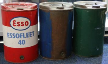 Vintage painted metal petrol drum for Esso Essofleet 40, 44cm tall and two others. (3)