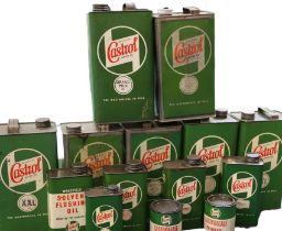 Group of Castrol of Wakefield Motor Oil and other cans, the largest 31cm tall. (14)