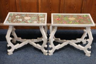 Pair of painted occasional tables with reverse painted glass panel tops with floral designs, 54cm