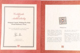 Charles Whiting pre-paid postal stationary essay half ounce 1d penny stamp, with certificate of